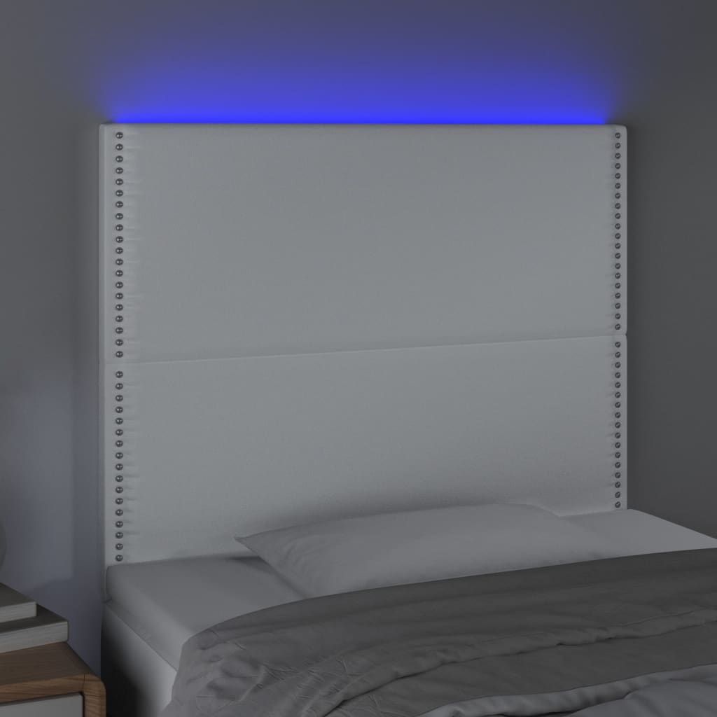 vidaXL Cabeceira cama c/ LED couro artificial 80x5x118/128 cm branco