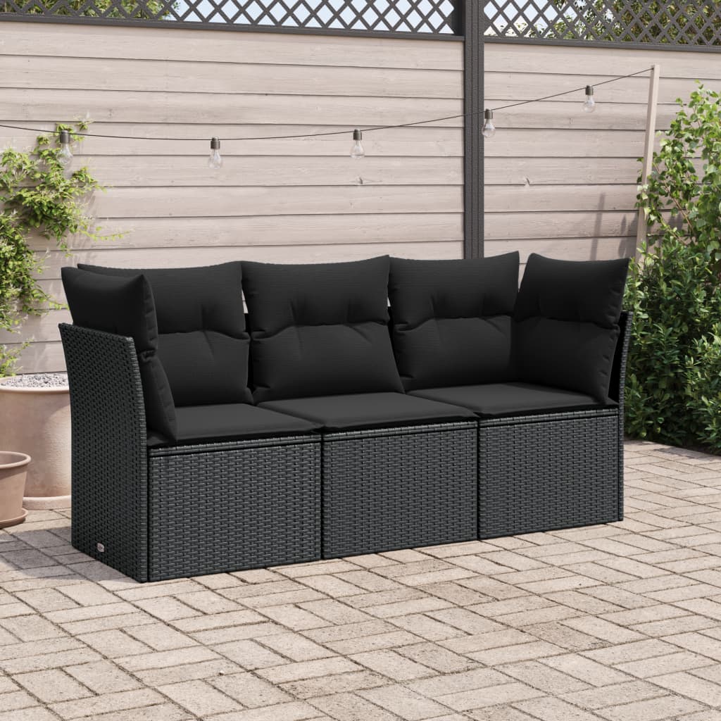 vidaXL 3 pcs conjunto sofás de jardim com almofadões vime PE preto