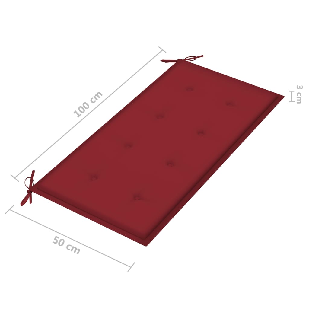 vidaXL Banco de jardim c/ almofadão vermelho tinto 112 cm teca maciça