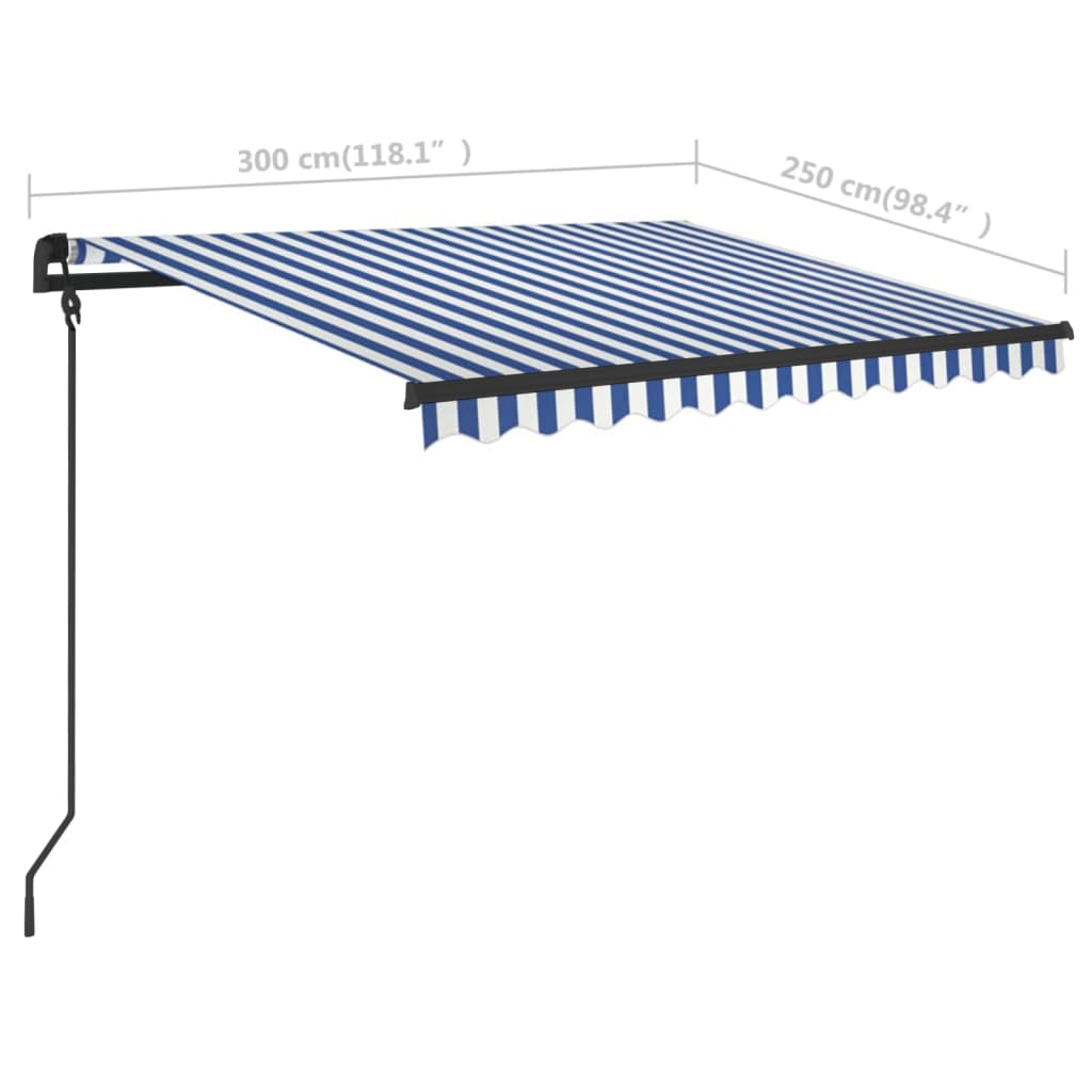 vidaXL Toldo retrátil manual com LED 3x2,5 m azul e branco