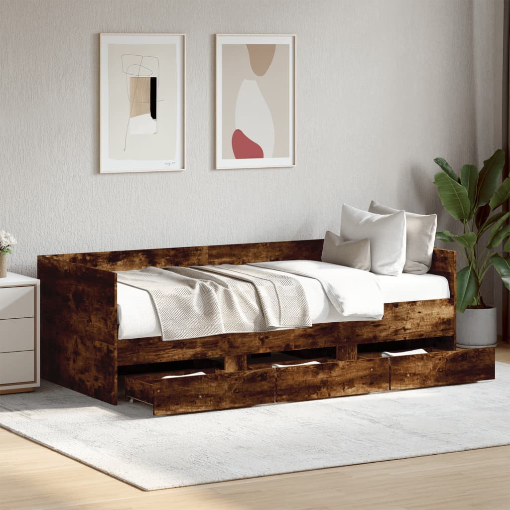vidaXL Sofá-cama com gavetas derivados de madeira carvalho fumado