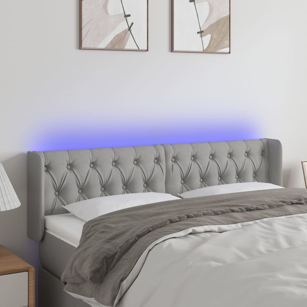 vidaXL Cabeceira cama c/ luzes LED tecido 163x16x78/88 cm cinza-claro
