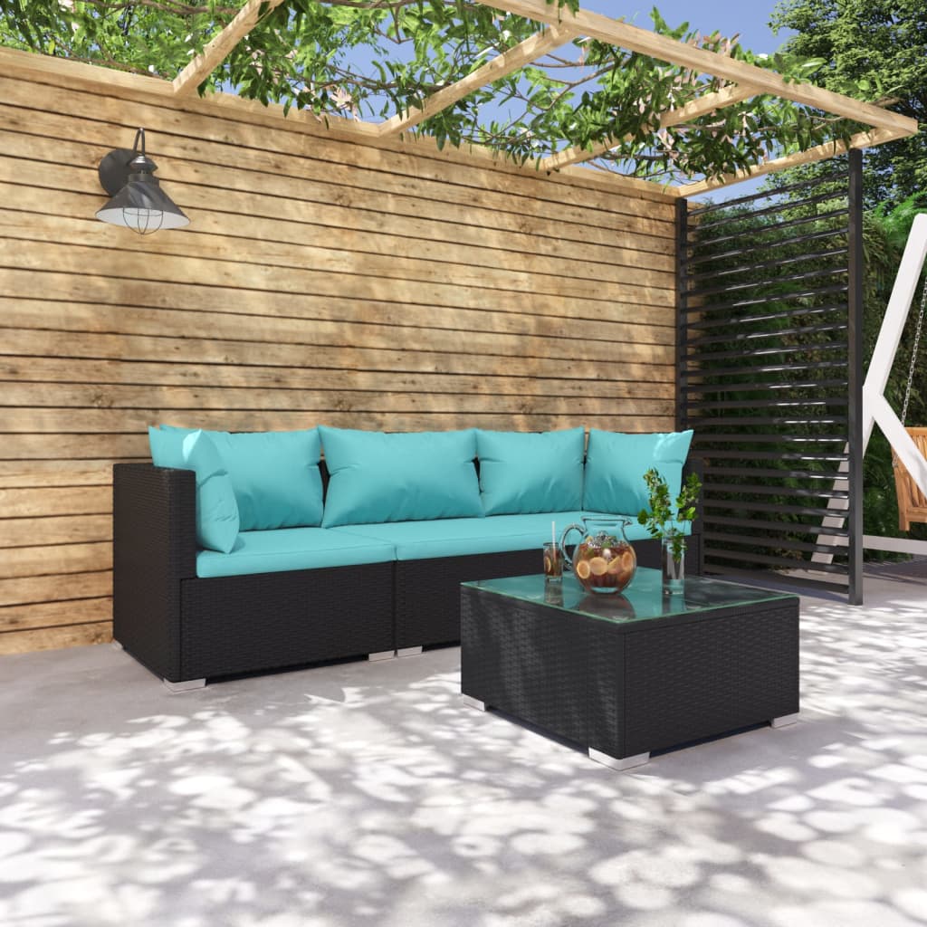vidaXL 4 pcs conjunto lounge de jardim c/ almofadões vime PE preto