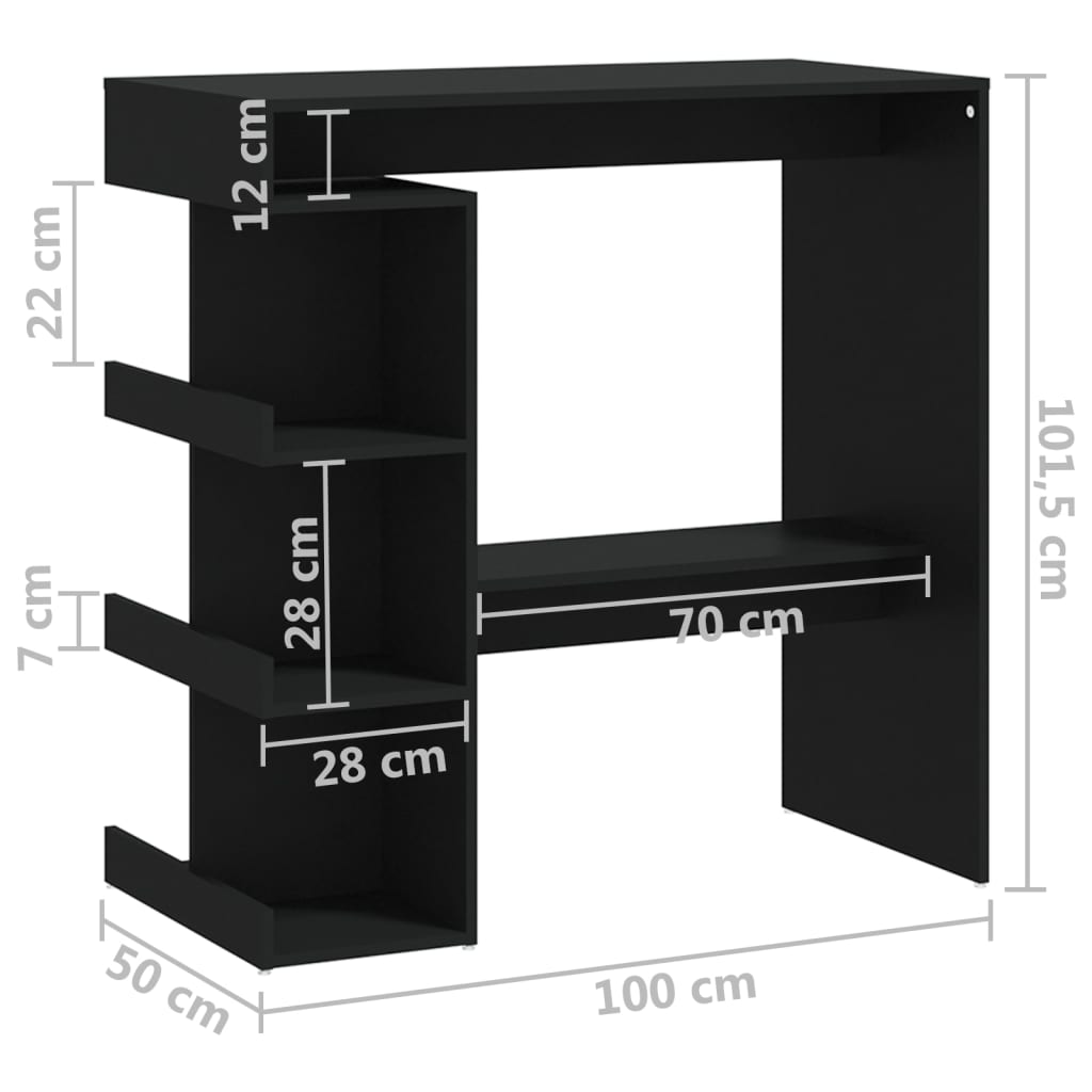 vidaXL Mesa de bar c/ prateleiras 100x50x101,5 cm contraplacado preto