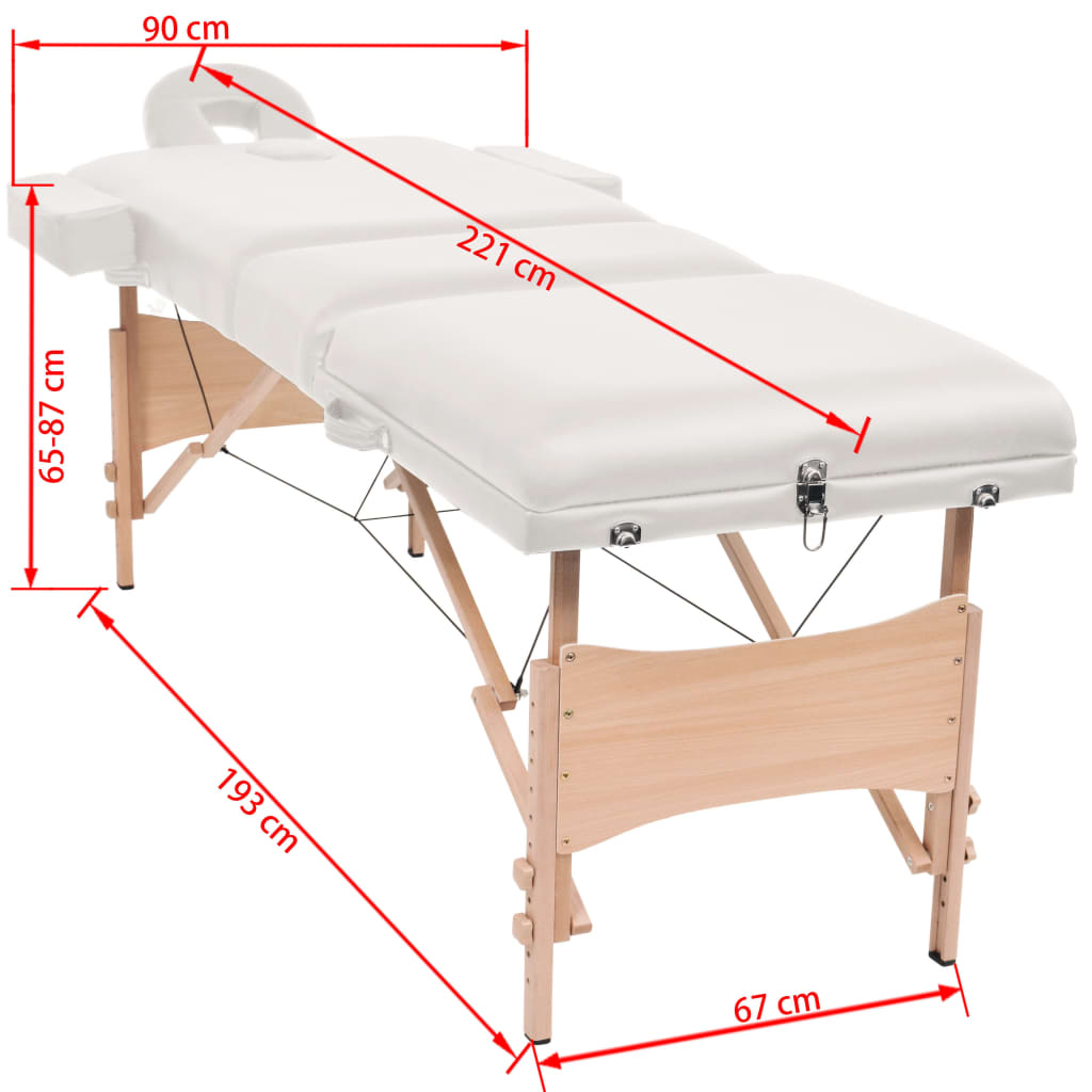 vidaXL Mesa massagem dobrável 3 zonas + banco 10 cm espessura branco
