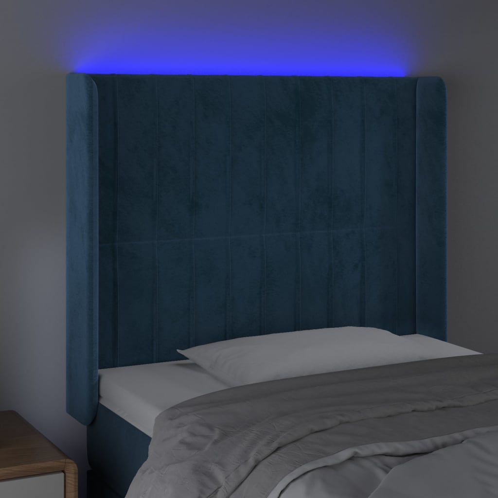 vidaXL Cabeceira cama c/ luzes LED veludo 103x16x118/128cm azul-escuro