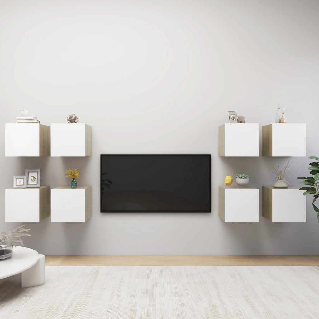 vidaXL Móveis de TV parede 8 pcs 30,5x30x30cm branco e carvalho sonoma