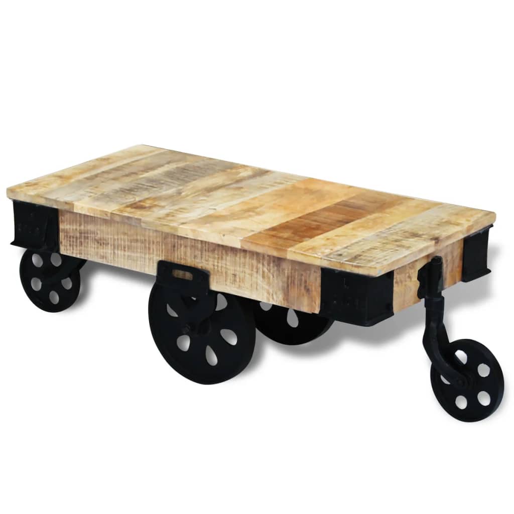 vidaXL Mesa de centro + rodas em madeira de mangueira áspera