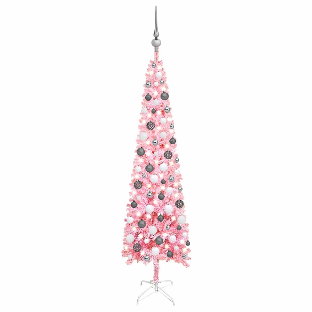 vidaXL Árvore de Natal pré-iluminada fina com bolas 150 cm rosa