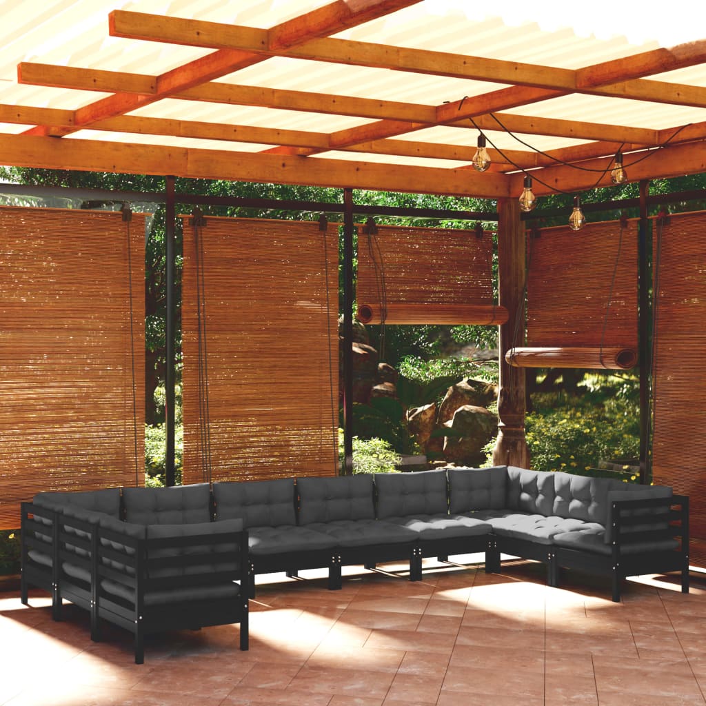 vidaXL 10 pcs conjunto lounge de jardim c/ almofadões pinho preto