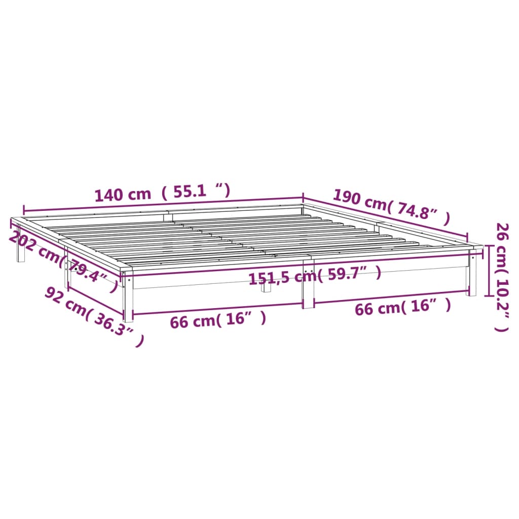 vidaXL Estrutura de cama c/ LED 140x190 cm madeira maciça preto
