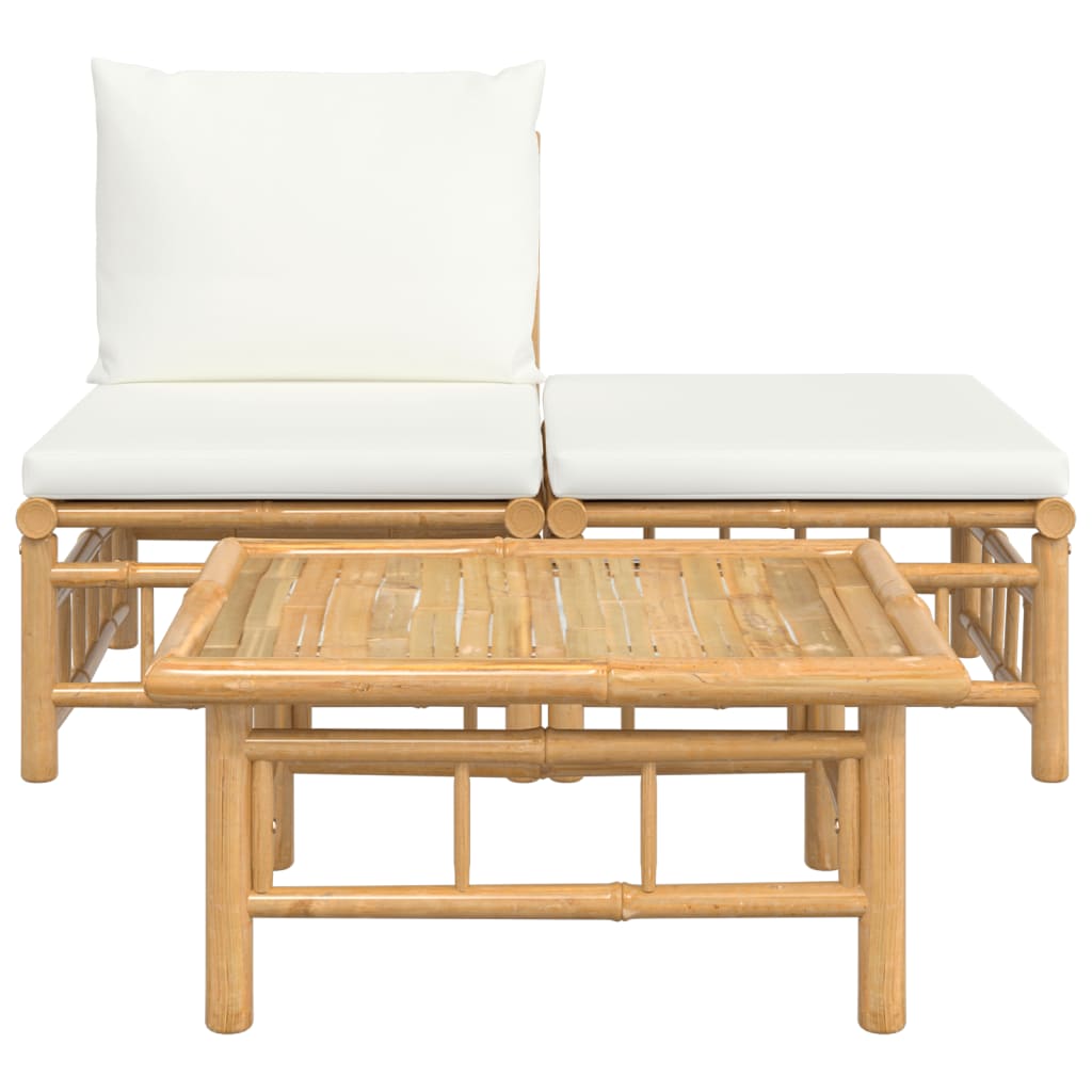 vidaXL 3 pcs conjunto lounge de jardim bambu c/ almofadões branco nata