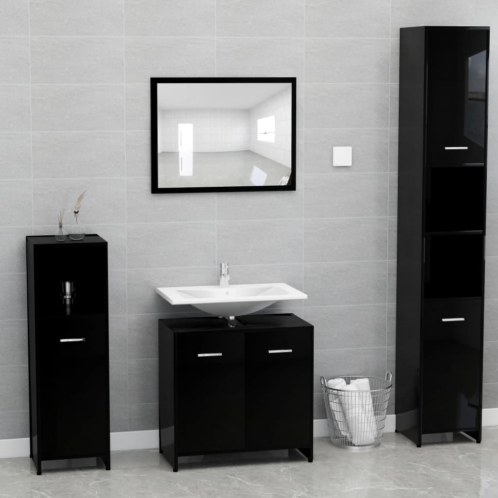 vidaXL Conj. móveis casa de banho madeira processada preto brilhante