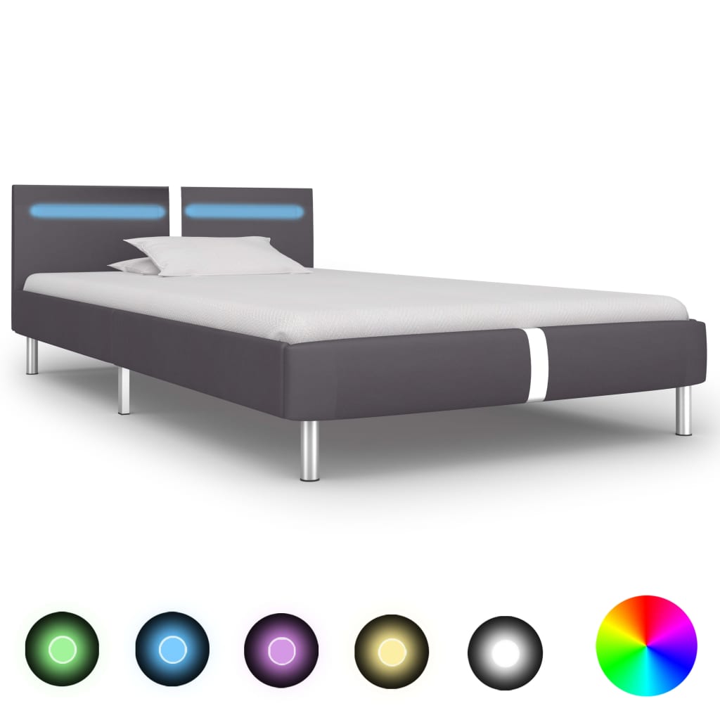 vidaXL Estrutura de cama c/ LEDs 90x200 cm couro artificial cinzento
