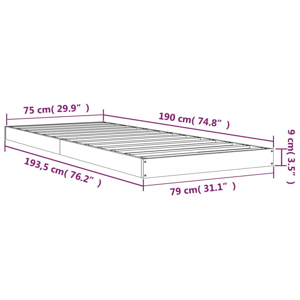 vidaXL Estrutura de cama de solteiro pequena 75x190 cm pinho maciço