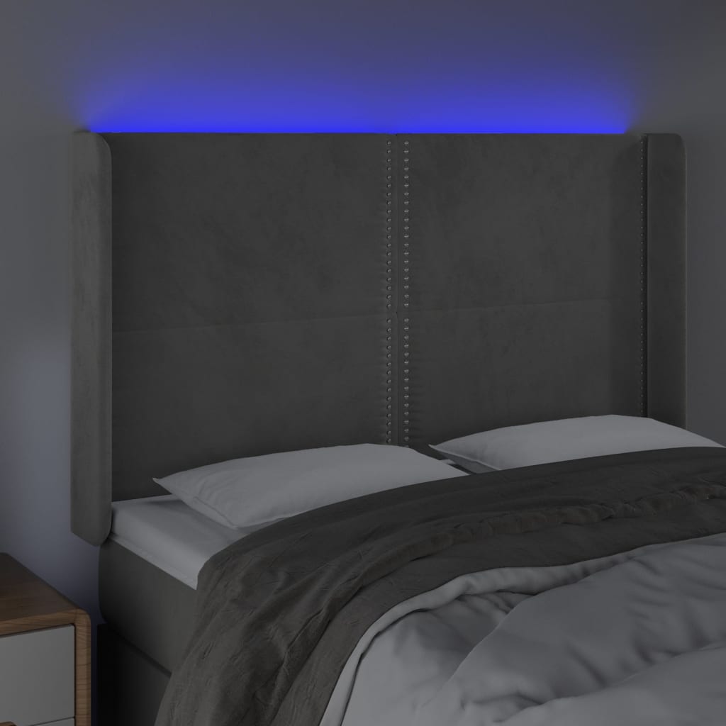 vidaXL Cabeceira cama c/ luzes LED veludo 147x16x118/128cm cinza-claro