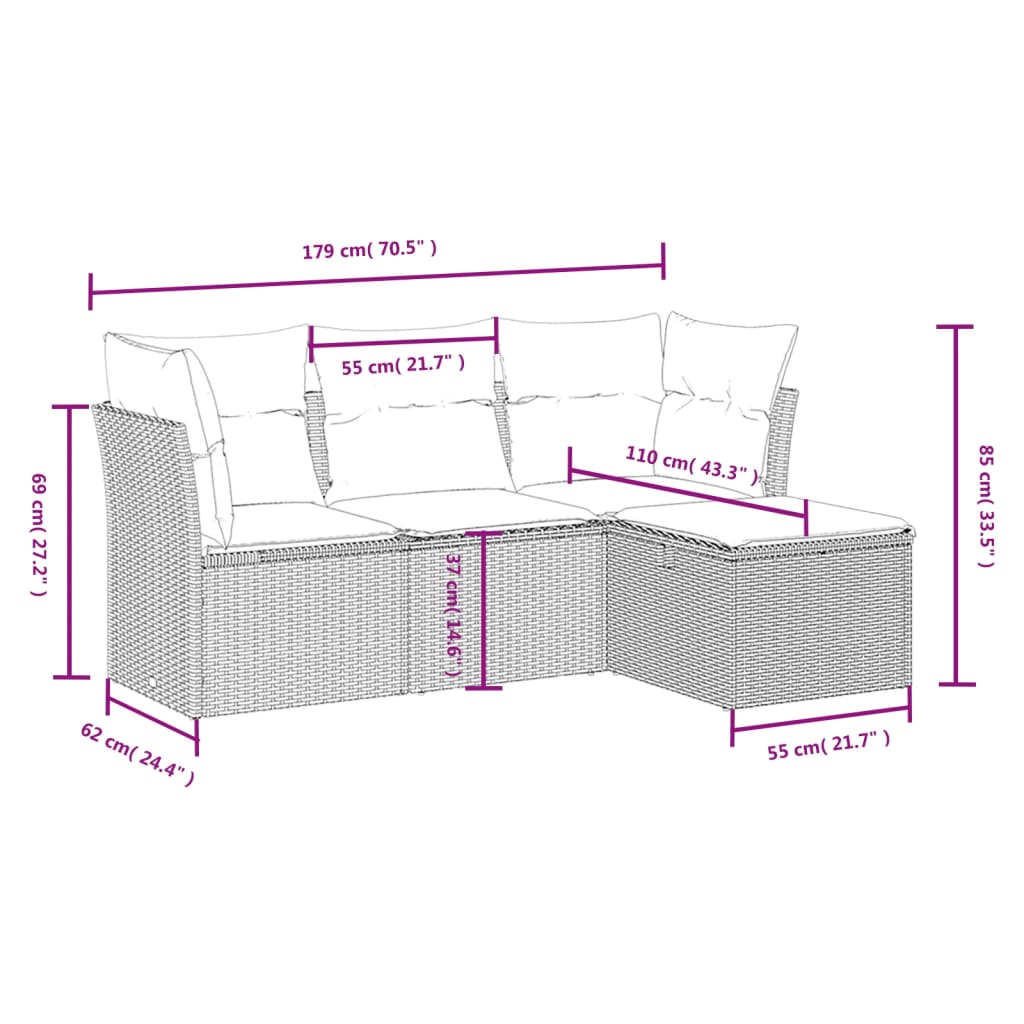 vidaXL 4 pcs conjunto sofás de jardim c/ almofadões vime PE cinzento