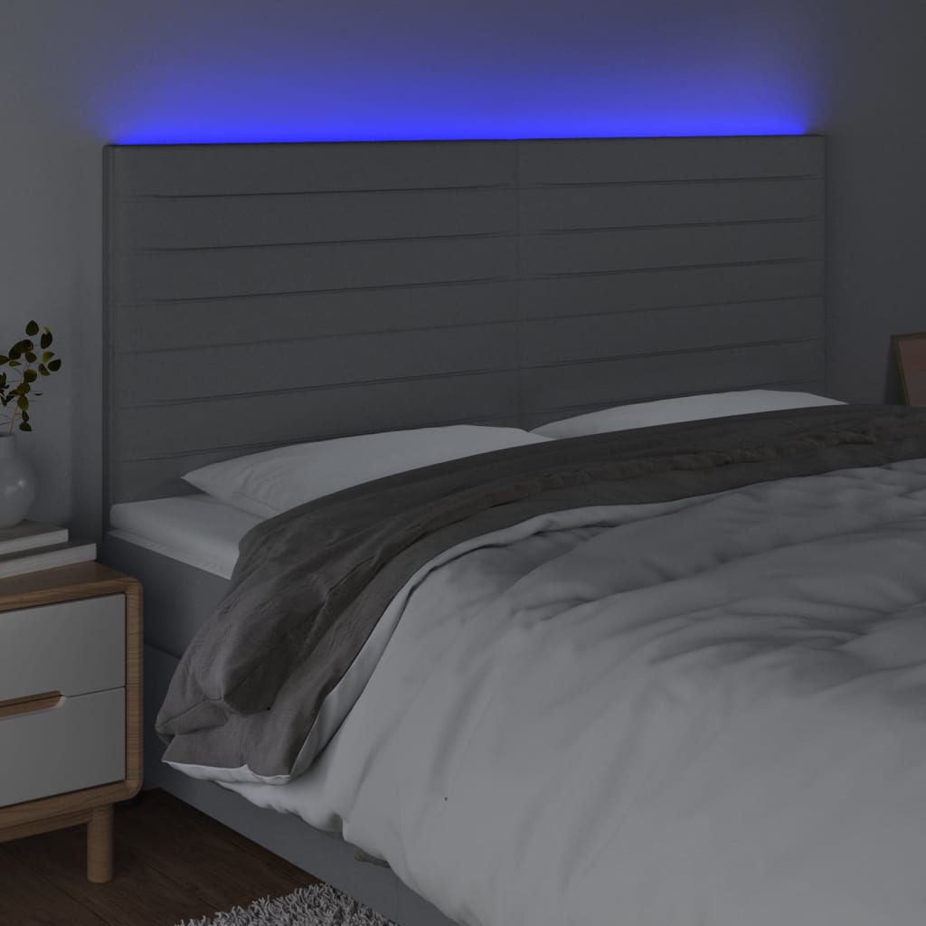 vidaXL Cabeceira cama c/ luzes LED tecido 200x5x118/128cm cinza-claro