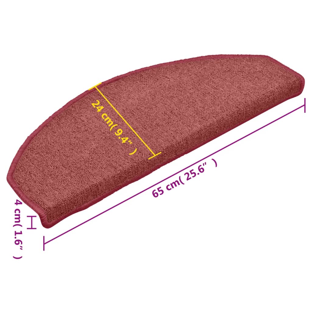 vidaXL Tapete/carpete para degraus 15 pcs 65x24x4 cm vermelho