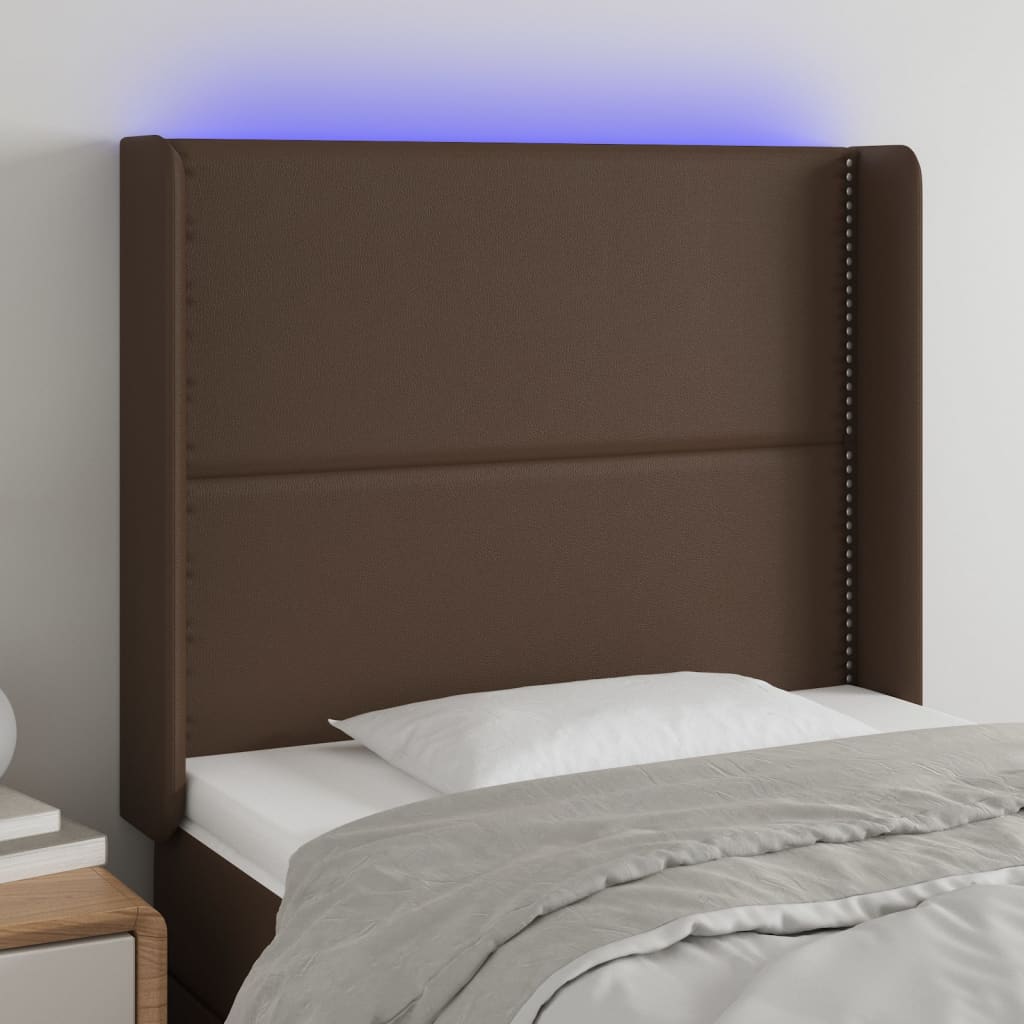 vidaXL Cabeceira cama c/ LED couro artif. 103x16x118/128 cm castanho
