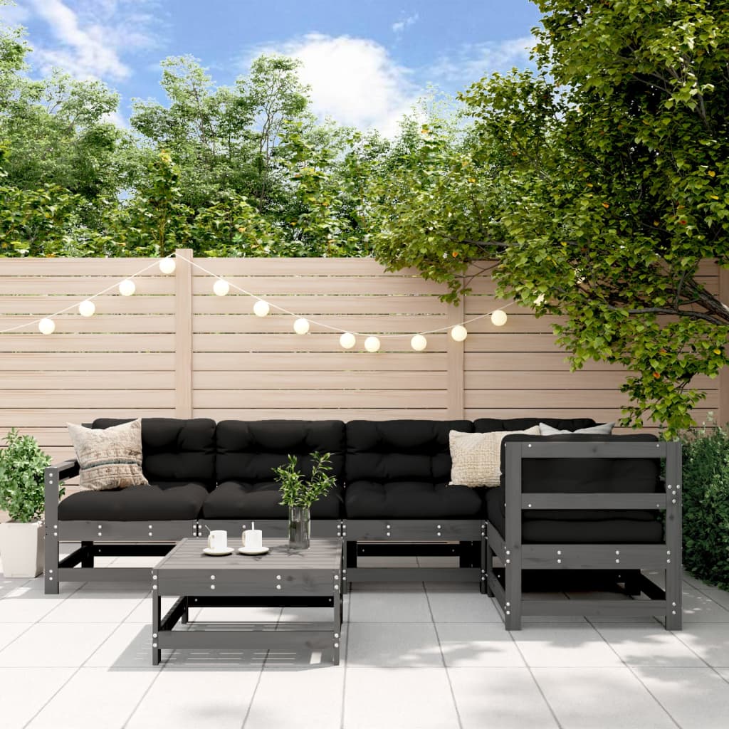 vidaXL 6 pcs conjunto lounge jardim c/ almofadões madeira maciça cinza