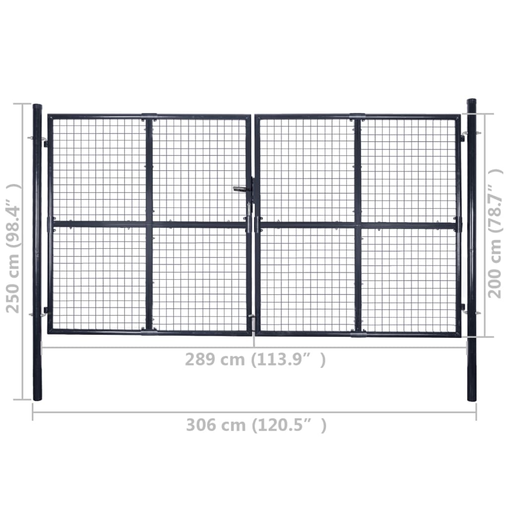 vidaXL Portão de jardim em rede aço galvanizado 289x200 cm cinzento