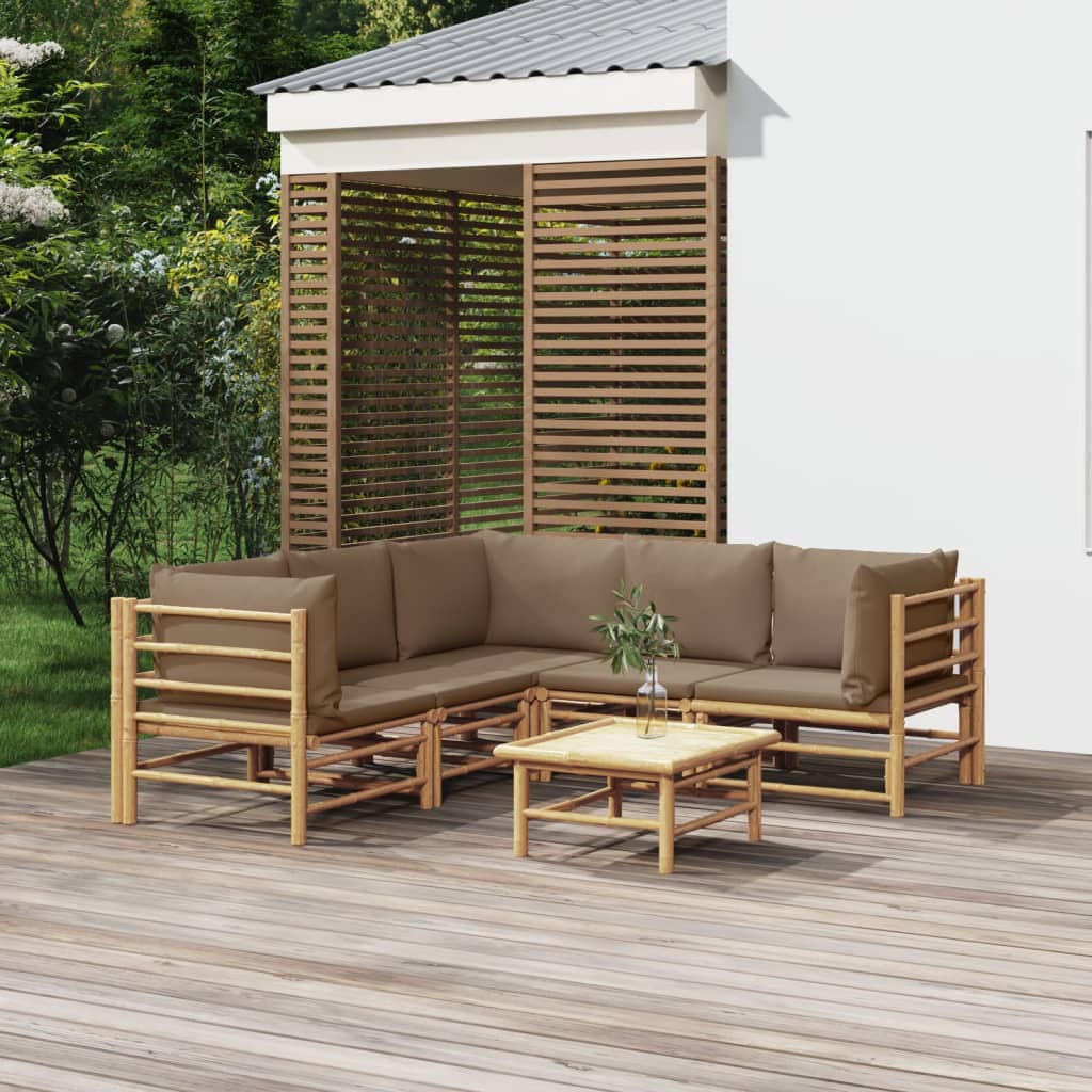 vidaXL 6 pcs conj. lounge jardim bambu almofadões cinzento-acastanhado