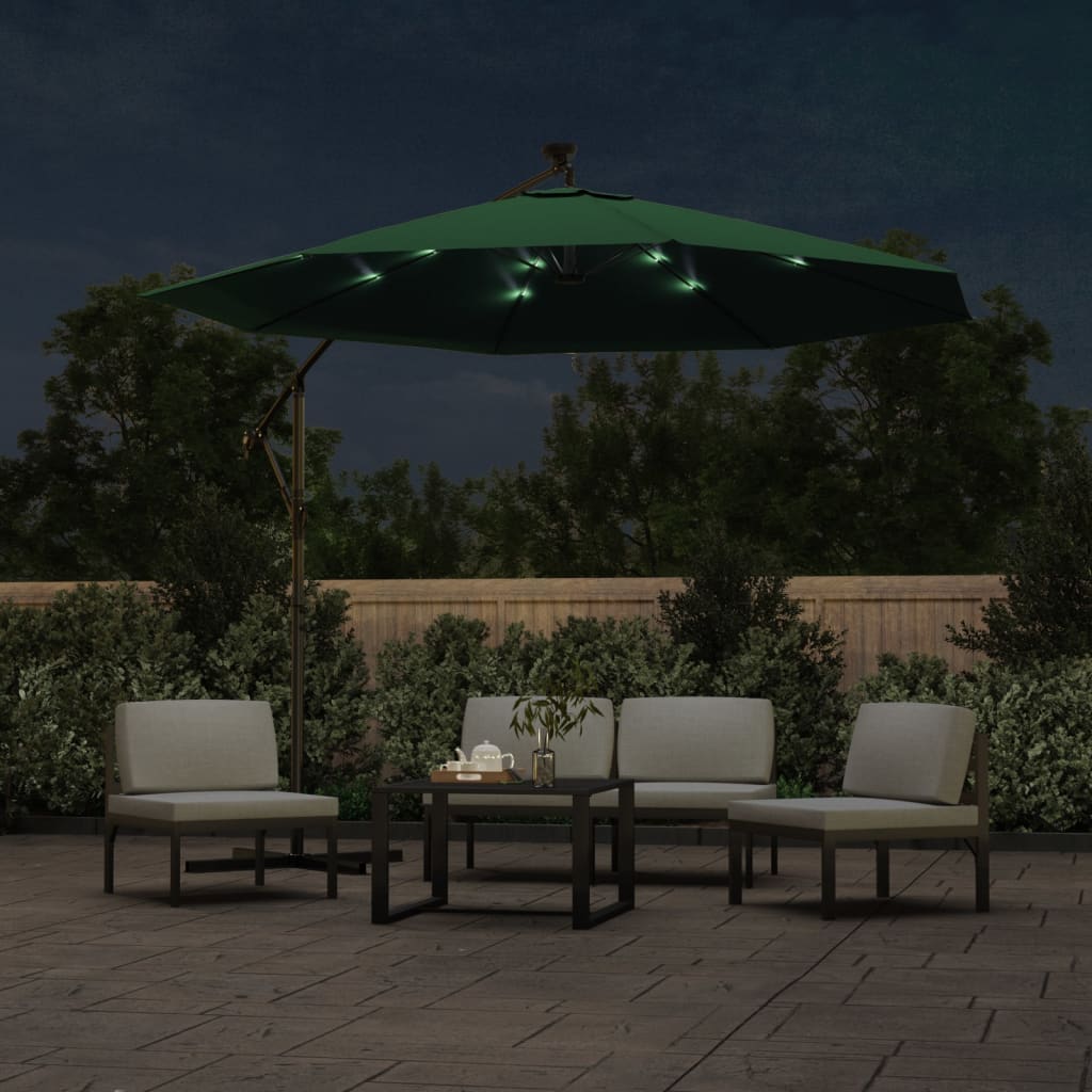 vidaXL Guarda-sol suspenso c/ iluminação LED 300 cm verde mastro metal