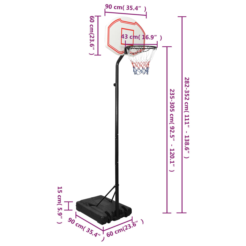 vidaXL Tabela de basquetebol 282-352 cm polietileno branco