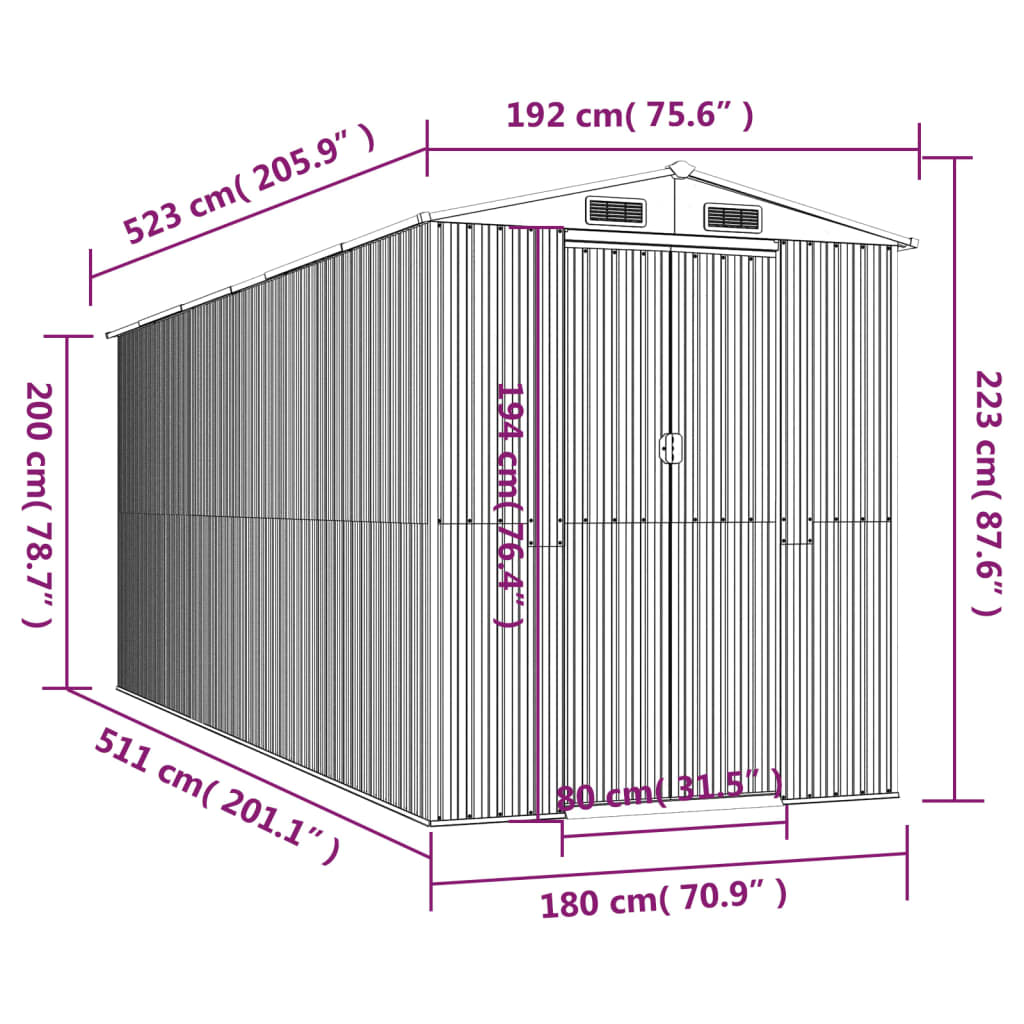 vidaXL Abrigo de jardim 192x523x223 cm aço galvanizado cinzento-claro