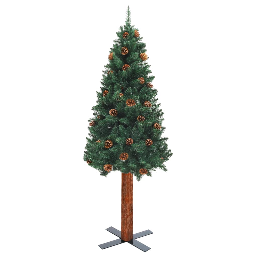 vidaXL Árvore de Natal fina madeira e pinhas genuínas 210 cm PVC verde
