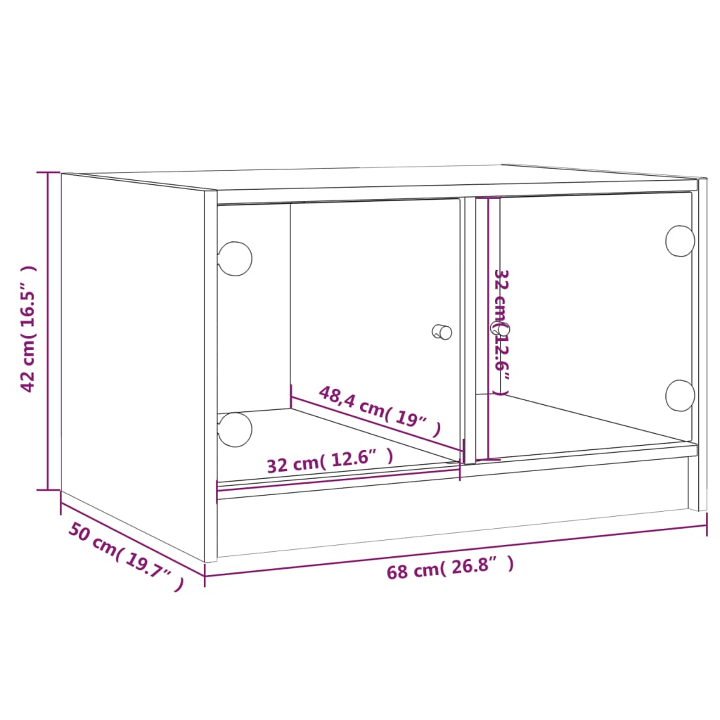 vidaXL Mesa de centro c/ portas de vidro 68x50x42 cm branco