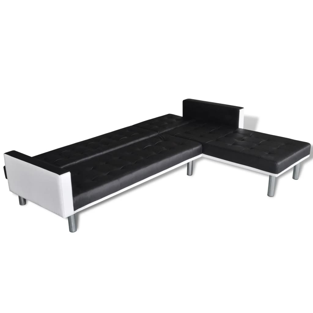 vidaXL Sofá-cama em forma de L, couro artificial, preto