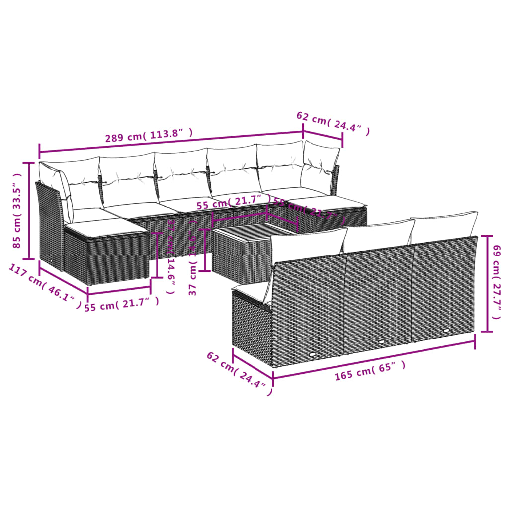 vidaXL 11 pcs conjunto sofás de jardim c/ almofadões vime PE bege