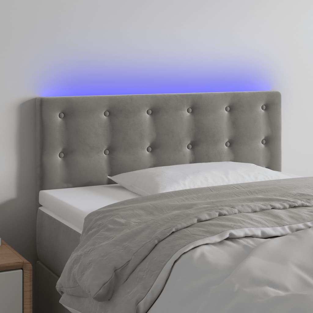 vidaXL Cabeceira de cama c/luzes LED veludo 100x5x78/88 cm cinza-claro