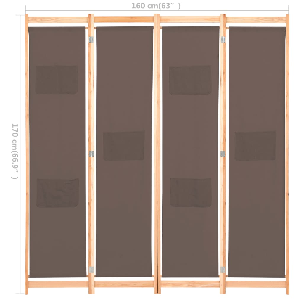vidaXL Divisória de quarto com 4 painéis 160x170x4 cm tecido castanho