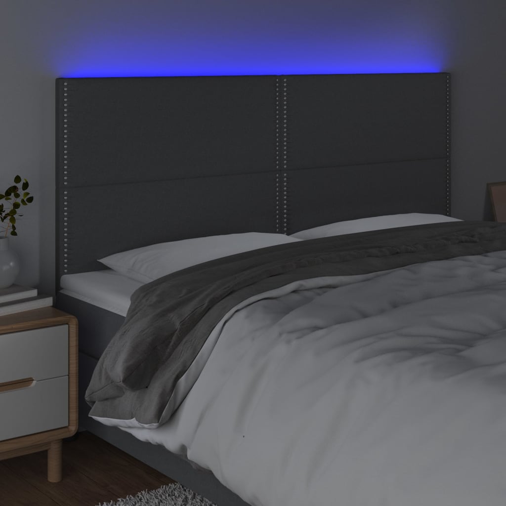 vidaXL Cabeceira de cama c/ LED tecido 180x5x118/128 cm cinza-escuro