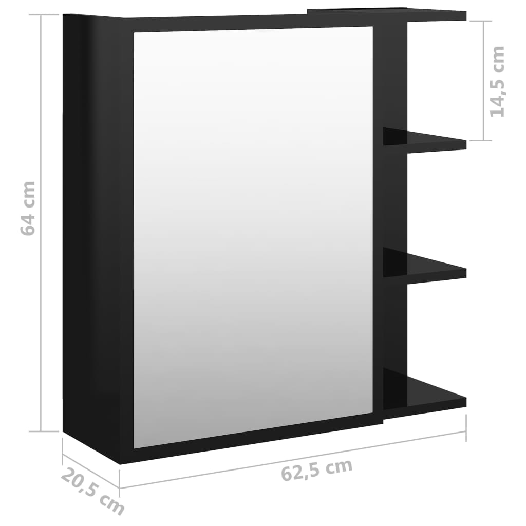 vidaXL Armário WC c/ espelho 62,5x20,5x64 cm contrap. preto brilhante