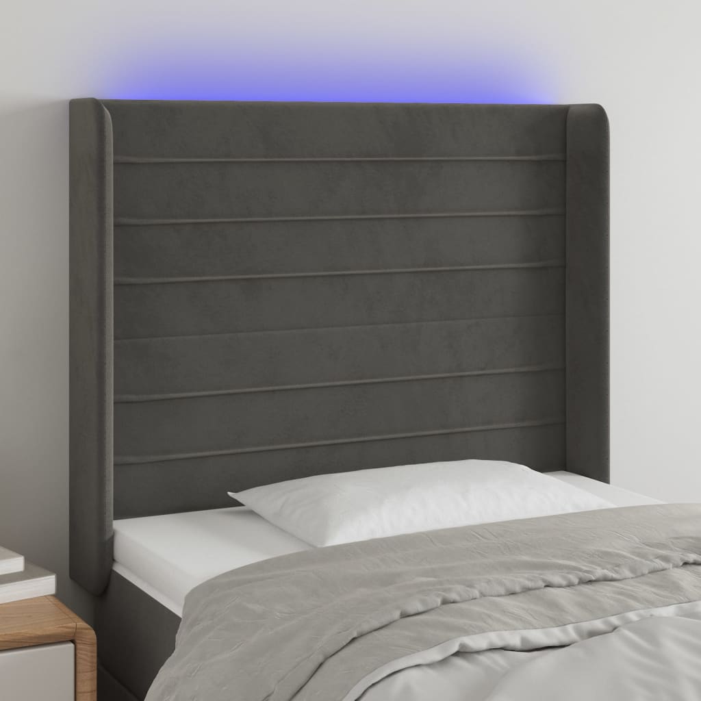 vidaXL Cabeceira cama c/ luzes LED veludo 83x16x118/128cm cinza-escuro