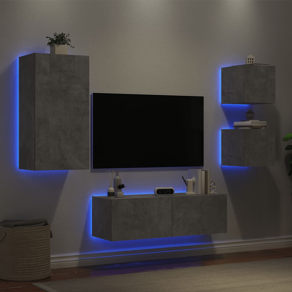 vidaXL 4 pcs móveis de parede para TV com luzes LED cinzento cimento