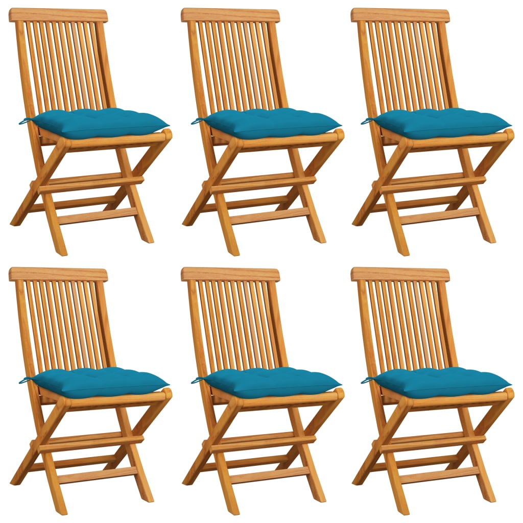 vidaXL Cadeiras de jardim c/ almofadões azul-claro 6 pcs teca maciça