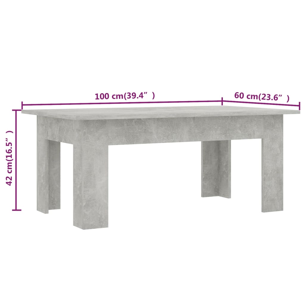 vidaXL Mesa de centro 100x60x42 cm contraplacado cinzento cimento