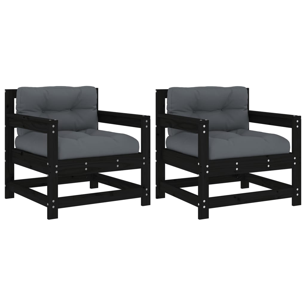 vidaXL Cadeiras de jardim c/ almofadões 2 pcs pinho maciço preto