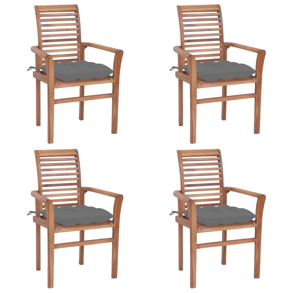 vidaXL Cadeiras de jantar 4 pcs c/ almofadões cinzentos teca maciça