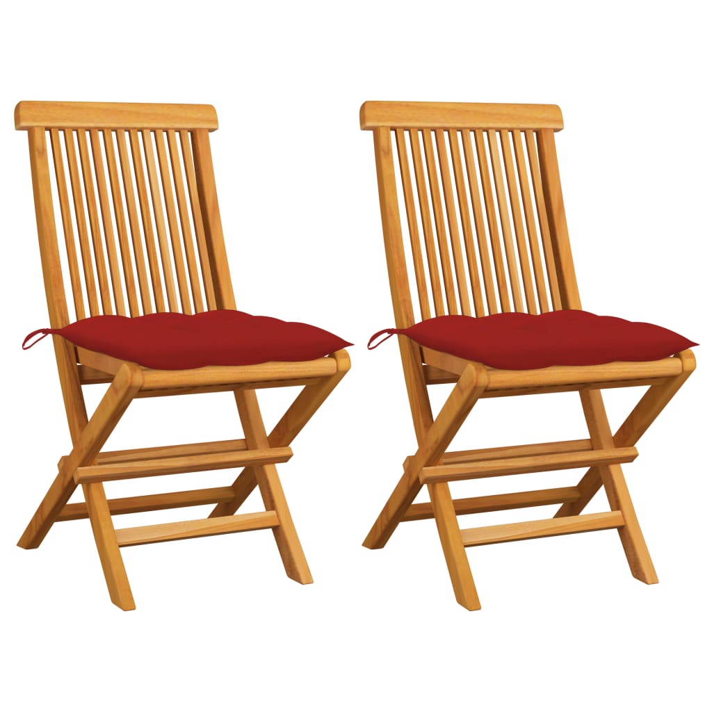 vidaXL Cadeiras de jardim c/ almofadões vermelhos 2 pcs teca maciça