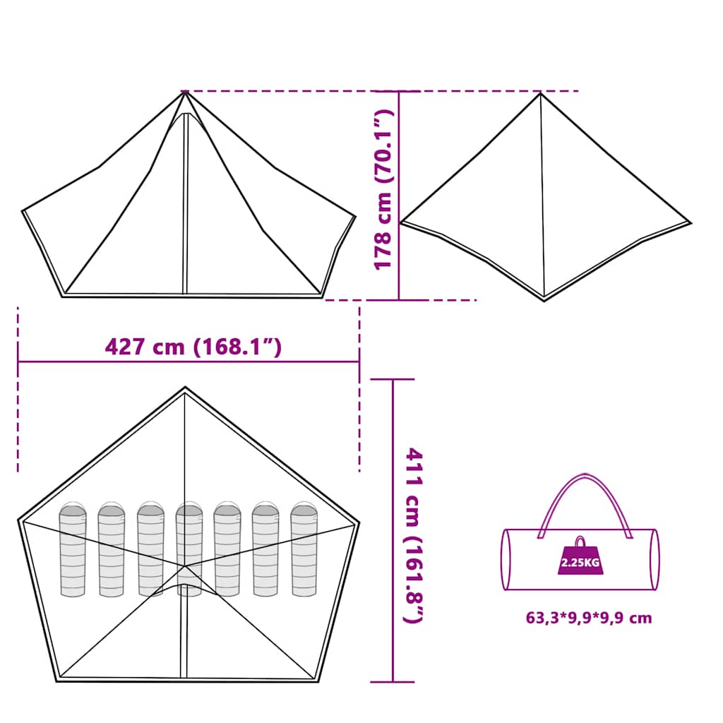 Tenda Familiare VidaXL A Forma Di Tipi – 8 Posti, Impermeabile, 400x400x200 Cm – Verde Con E-port E Doppia Ventilazione