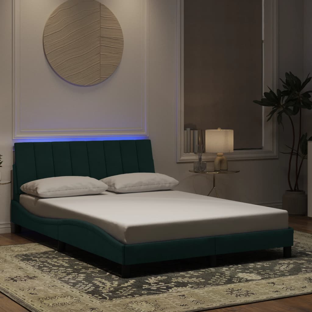 vidaXL Estrutura de cama c/ luzes LED 120x200 cm veludo verde-escuro