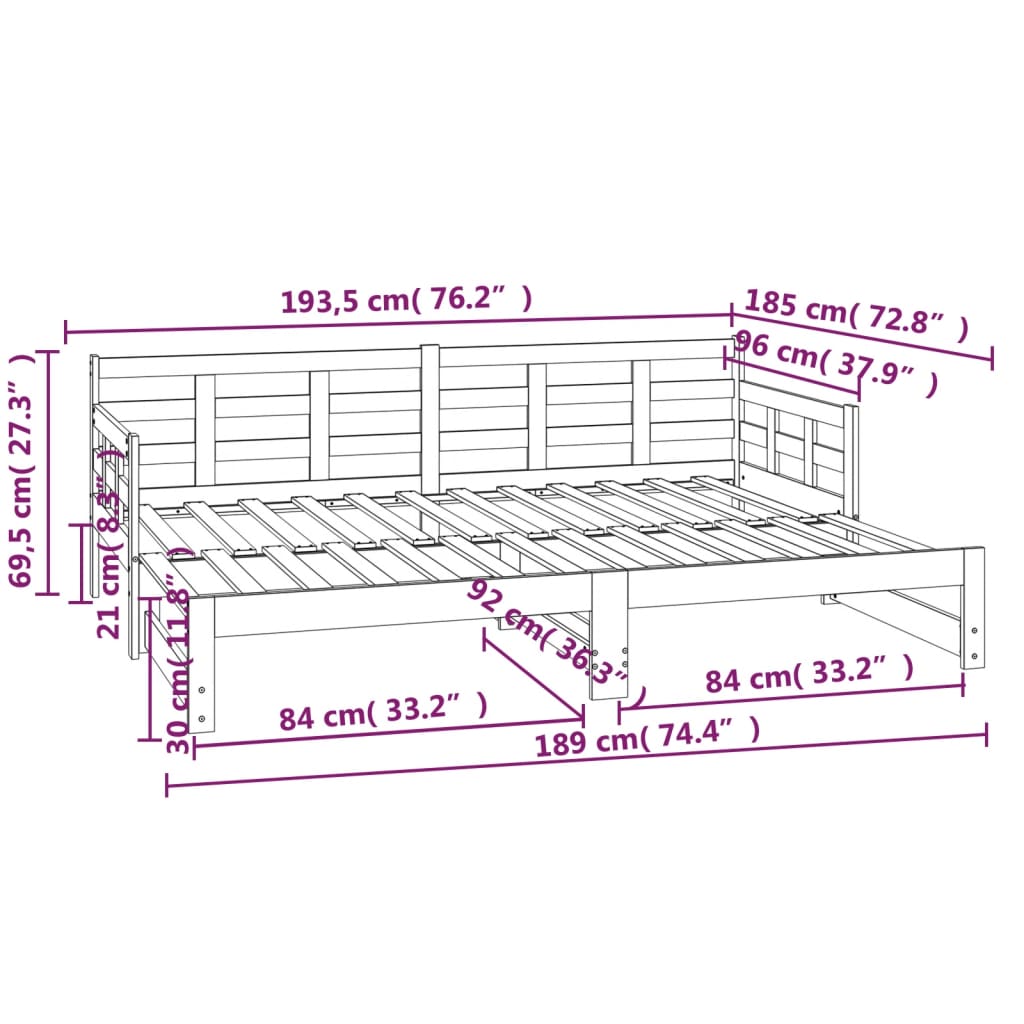 vidaXL Sofá-cama de puxar pinho maciço 2x(90x190) cm