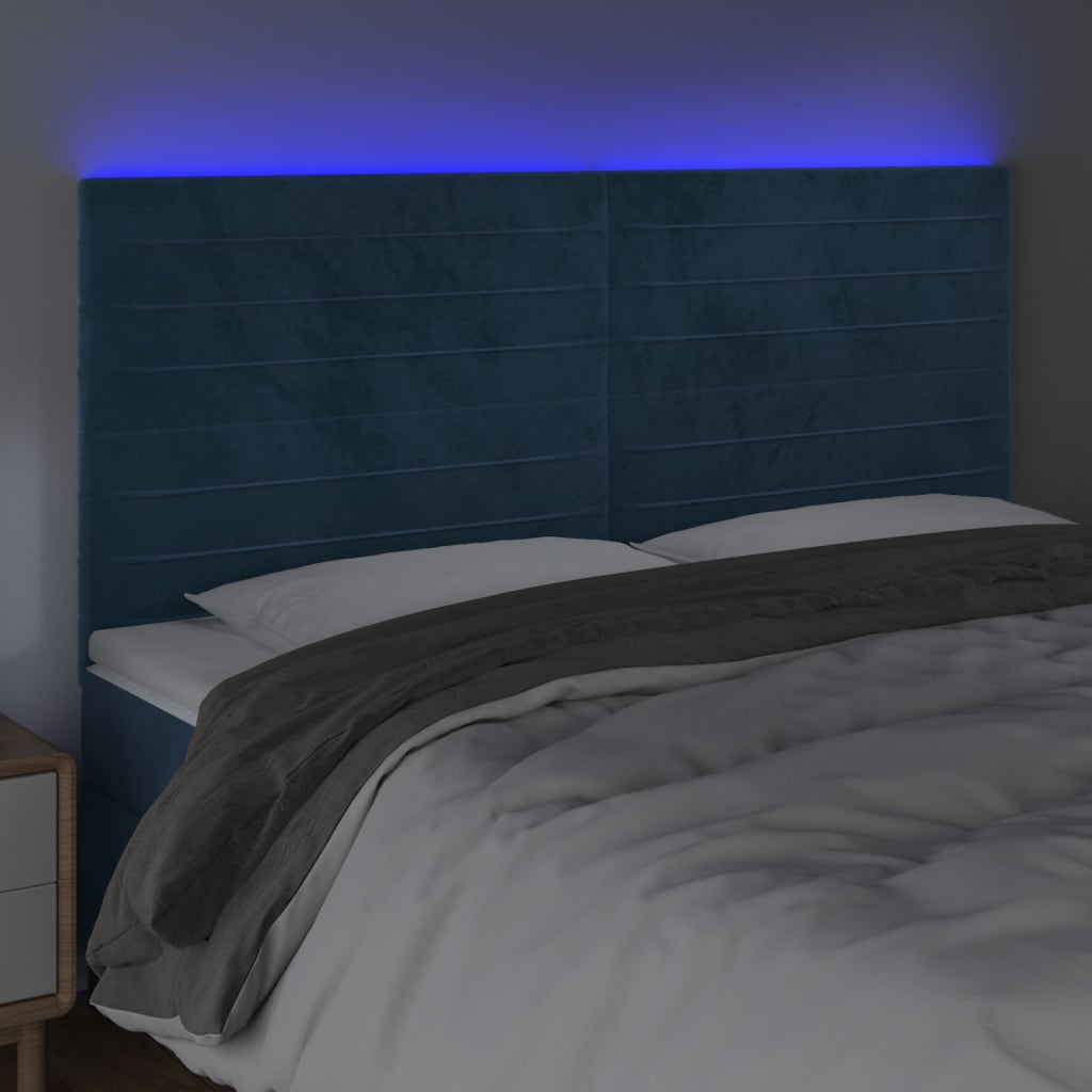 vidaXL Cabeceira cama c/ luzes LED veludo 200x5x118/128cm azul-escuro