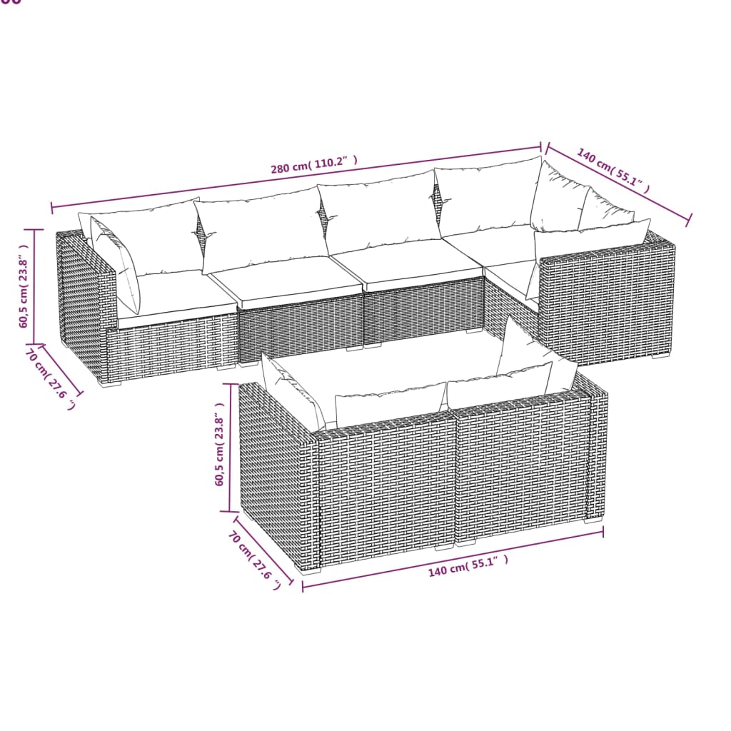 vidaXL 7 pcs conjunto lounge de jardim c/ almofadões vime PE cinzento